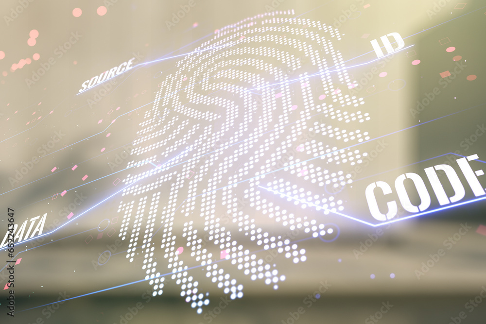 Poster abstract virtual fingerprint hologram on blurry modern office building background. multiexposure