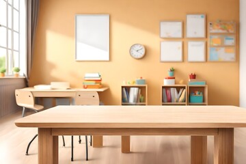 The Blank wooden table top on the blurred schoolchild room interior background