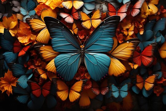 A large group of colorful butterflies on a black background. Digital art.