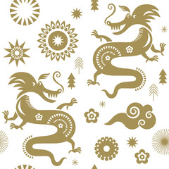 Seamless pattern with Dragon. Golden color on white.  Year of the Dragon.