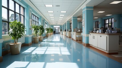 Empty Corridor In Modern Hospital. Generative Ai