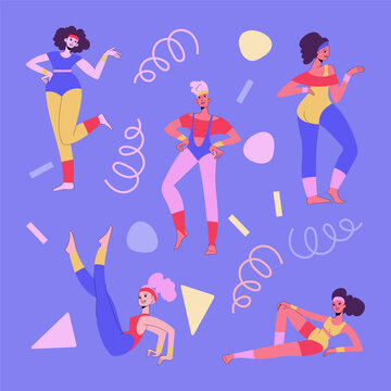 80-90s stylisation. Women doing aerobics. Characters with retro sportswear