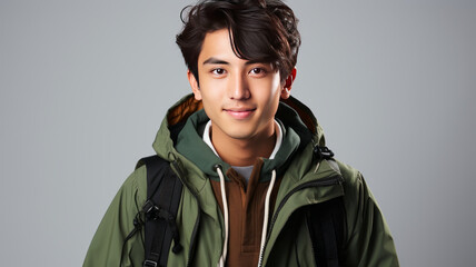 happineess cheerful asian adult male teenager backpack casual cloth ready to school.generative ai