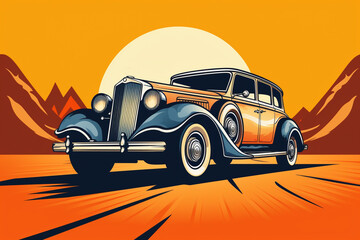 vintage car illustration, vehicle colorful, retro stlye.