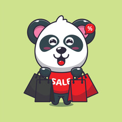 cute panda with shopping bag in black friday sale cartoon vector illustration © Artprodite