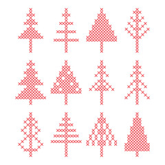Set of Christmas tree peasant folk rustic motif. cross stitch fir tree