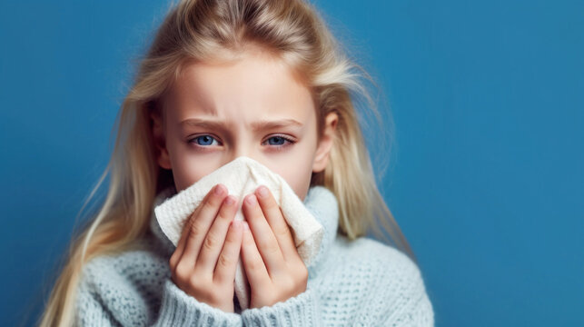 Adorable girl wipes runny nose in a studio portrait.
