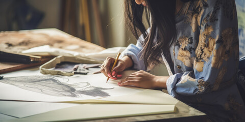 Inspiring close-up of a young Indian girl immersed in sketching fashion designs, showcasing creativity and freedom. - obrazy, fototapety, plakaty
