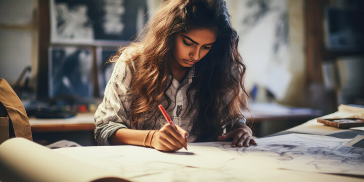 Inspiring scene of young Indian girl immersed in sketching innovative designs at a fashion workshop. Marked by creativity, freedom & natural emotion.