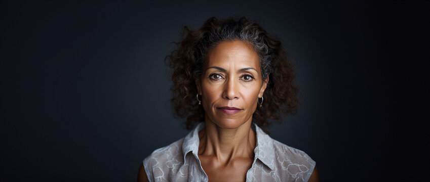 Studio headshot portrait of middle aged black woman, neutral expression and gray background