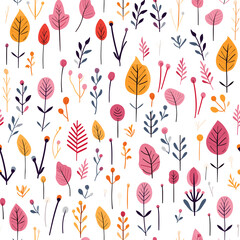 Fototapeta premium Seamless pattern with leaves and wildflowers on a white background