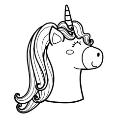 Magic unicorn character face in outline. Cute horse head coloring page. Vector illustration