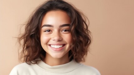 Fototapeta premium A happy and confident adolescent girl posing gracefully in front of a pale, minimalist studio background.