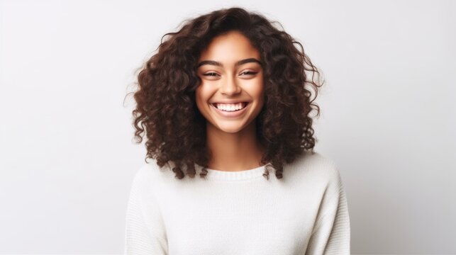 A radiant teenager stands against a softly illuminated studio backdrop, her captivating smile drawing viewers into the image.