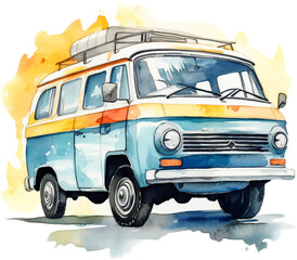 Waercolour minivan, Sticker vehicle colorful, Cartoon, illustration.