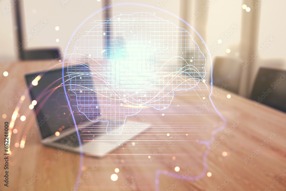 Poster double exposure of creative human head microcircuit with computer on background. future technology a