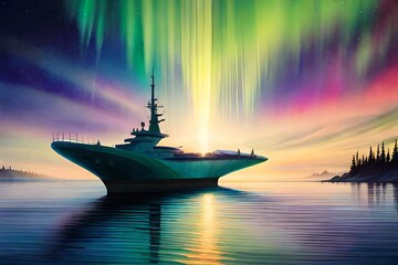 Fototapeta premium comic style illustration of a ship below the northern lights. AI-Generated