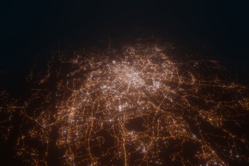 Aerial view on Turku (Finland) from east. Top view on modern city at night from satellite