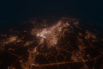Aerial view on Ufa (Russia) from south. Top view on modern city at night from space