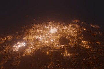 Aerial view on Denver (USA) from east. Top view on modern city at night from space