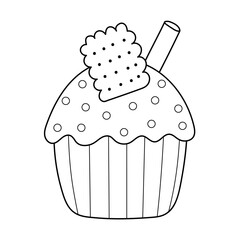 Doodle cupcake with a cookie on the top. Black and white print. Cute dessert in cartoon style coloring page. Vector illustration