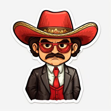 A sticker of a man wearing a hat and glasses. Digital art.