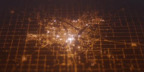 Street lights map of Decatur (Illinois, USA) with tilt-shift effect, view from west. Imitation of macro shot with blurred background. 3d render, selective focus