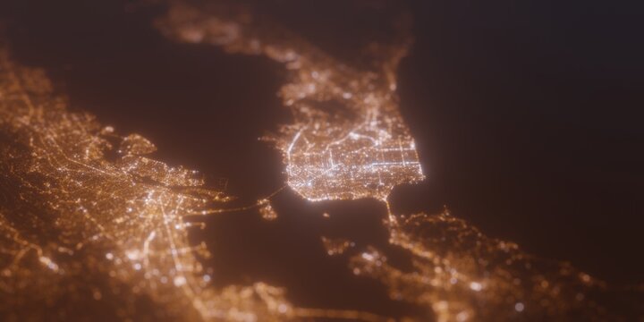 Street lights map of San Francisco (California, USA) with tilt-shift effect, view from north. Imitation of macro shot with blurred background. 3d render, selective focus