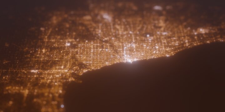 Street lights map of Chicago (Illinois, USA) with tilt-shift effect, view from east. Imitation of macro shot with blurred background. 3d render, selective focus