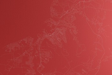 Map of the streets of Port Louis (Mauritius) made with white lines on red paper. Top view, rough background. 3d render, illustration