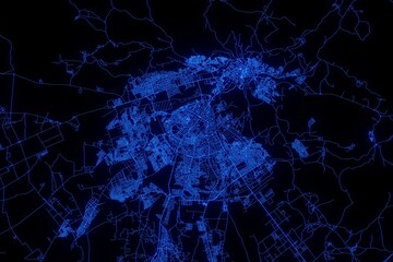 Street map of Fez (Morocco) made with blue illumination and glow effect. Top view on roads network - obrazy, fototapety, plakaty