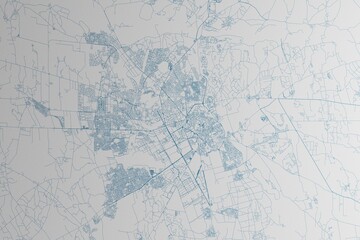 Map of the streets of Marrakesh (Morocco) made with blue lines on white paper. 3d render, illustration