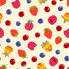Northern berries seamless pattern. Lingonberry, cranberry, bilberry, cloudberry, raspberry and wild strawberry vector repeated background. Summer forest berries illustration for food package, textile