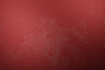 Map of the streets of Tangier (Morocco) made with white lines on abstract red background lit by two lights. Top view. 3d render, illustration - obrazy, fototapety, plakaty
