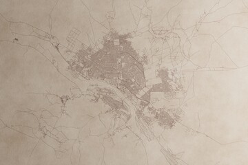 Map of Niamey (Niger) on an old vintage sheet of paper. Retro style grunge paper with light coming from right. 3d render