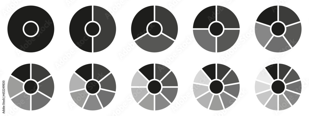 Poster circles divided diagram 3, 10, 7, graph icon pie shape section chart. segment circle round vector 6,
