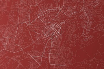 Map of the streets of Yerevan (Armenia) made with white lines on red background. Top view. 3d render, illustration - obrazy, fototapety, plakaty