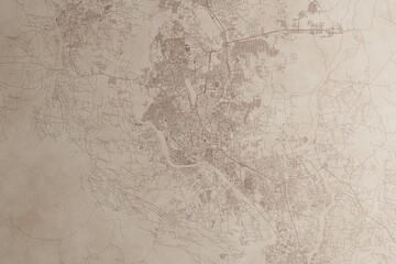 Map of Dhaka (Bangladesh) on an old vintage sheet of paper. Retro style grunge paper with light coming from right. 3d render