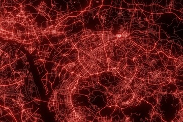 Street map of Dongguan (China) made with red illumination and glow effect. Top view on roads network. 3d render, illustration