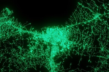 Map of the streets of Semarang (Indonesia) made with green illumination and glow effect. Top view on roads network. 3d render, illustration