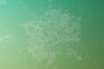 Map of the streets of Baghdad (Iraq) made with white lines on yellowish green gradient background. Top view. 3d render, illustration