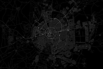 Stylized map of the streets of Erbil (Iraq) made with white lines on black background. Top view. 3d render, illustration - obrazy, fototapety, plakaty