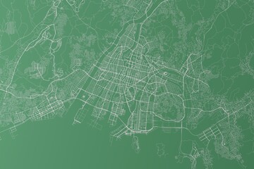 Stylized map of the streets of Hiroshima (Japan) made with white lines on green background. Top view. 3d render, illustration