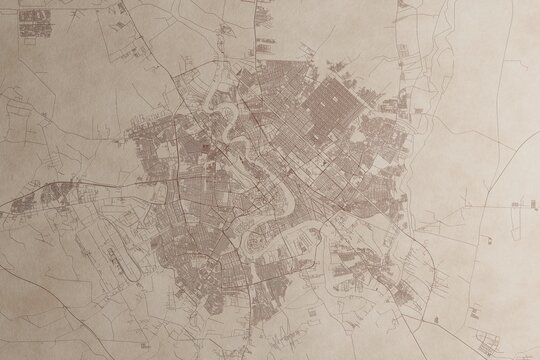 Map of Baghdad (Iraq) on an old vintage sheet of paper. Retro style grunge paper with light coming from right. 3d render