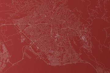 Map of the streets of Kingston (Jamaica) made with white lines on red background. Top view. 3d render, illustration