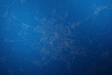 Stylized map of the streets of Odense (Denmark) made with white lines on abstract blue background lit by two lights. Top view. 3d render, illustration - obrazy, fototapety, plakaty