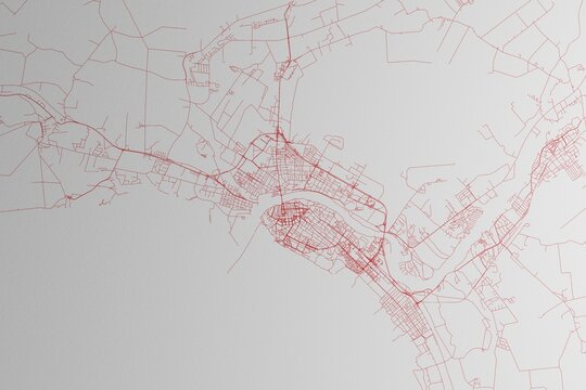Map of the streets of Parnu (Estonia) made with red lines on white paper. 3d render, illustration