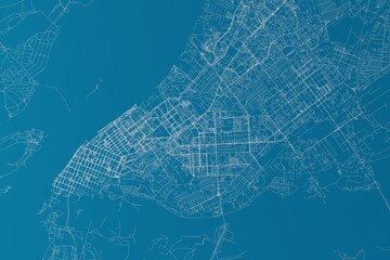 Map of the streets of Samara (Russia) made with white lines on blue background. 3d render, illustration