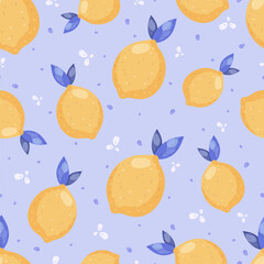 Juicy lemon seamless vector pattern on light background. Summer fruit background. Use for fabric, gift wrap, packaging. Vector illustration in flat cartoon style.
