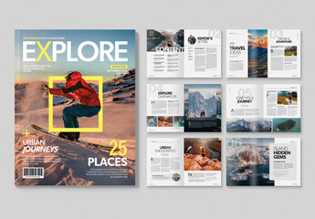 Travel Magazine Layout Modern Adventure Outdoor Explorer Book - obrazy, fototapety, plakaty